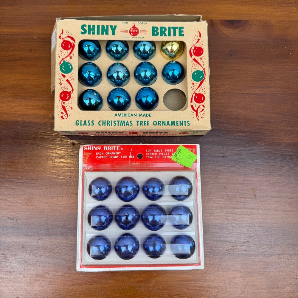Vintage Shiny Brite Glass Christmas Ornaments Blue Teal Gold Sets MCM Decor
